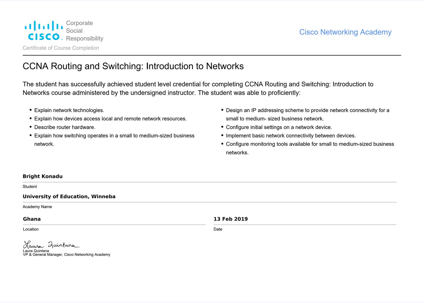 CCNA Routing & Switching Training certificate preview
