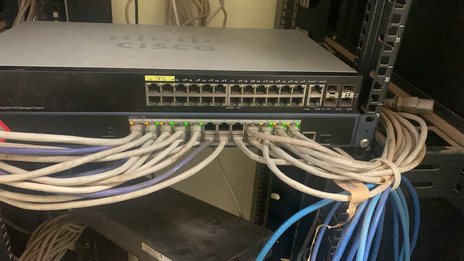 Network cables connected to rack-mounted switching equipment.
